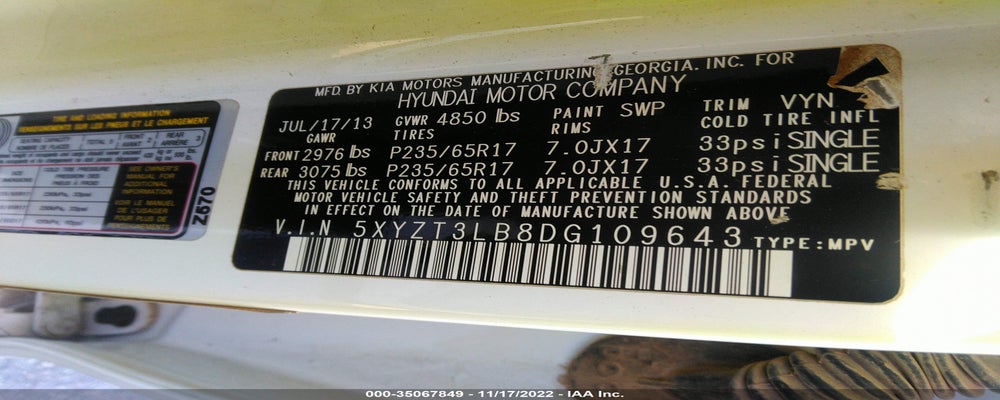 5XYZT3LB8DG109643 2013 HYUNDAI SANTA FE photo no. 9