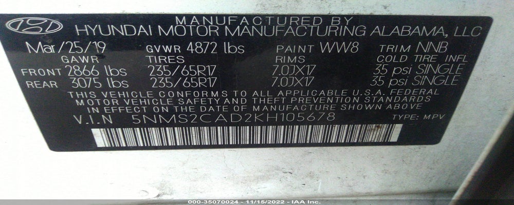 5NMS2CAD2KH105678 2019 HYUNDAI SANTA FE photo no. 9