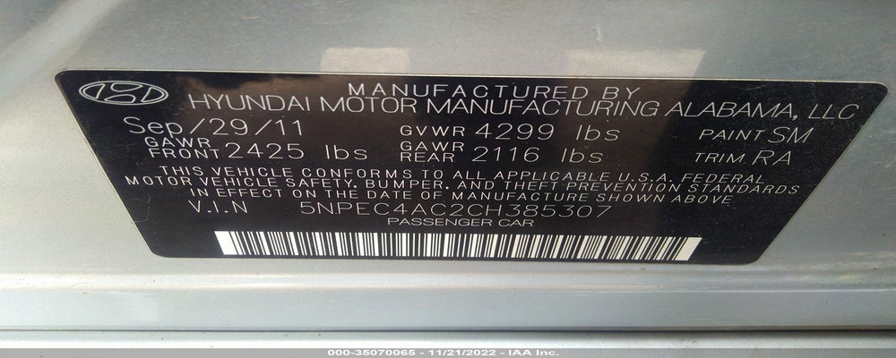 5NPEC4AC2CH385307 2012 HYUNDAI SONATA photo no. 9