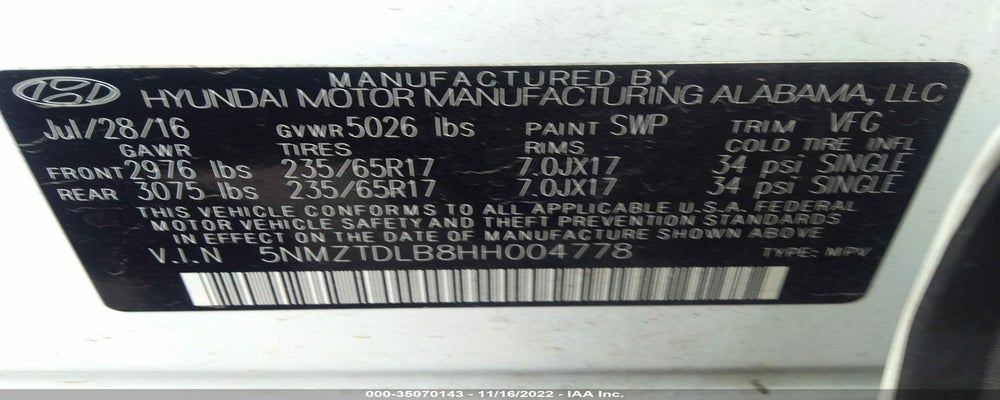 5NMZTDLB8HH004778 2017 HYUNDAI SANTA FE SPORT photo no. 9
