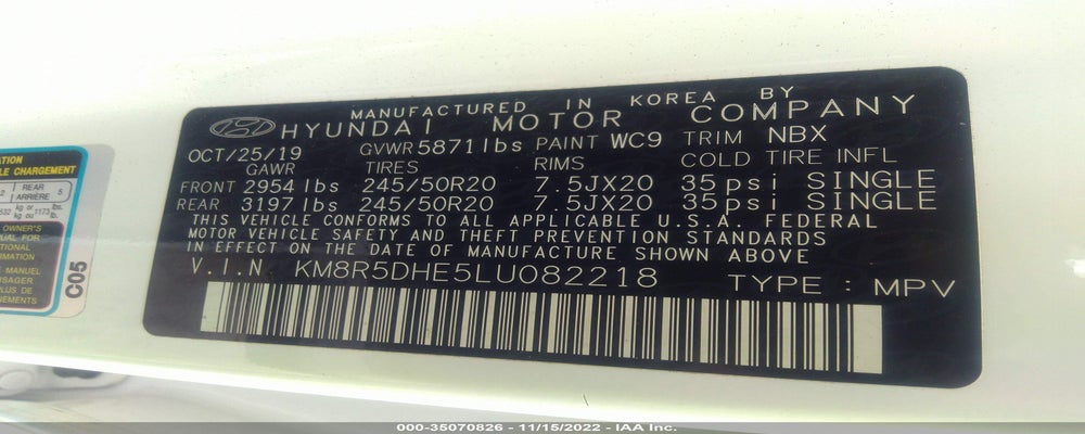 KM8R5DHE5LU082218 2020 HYUNDAI PALISADE photo no. 9