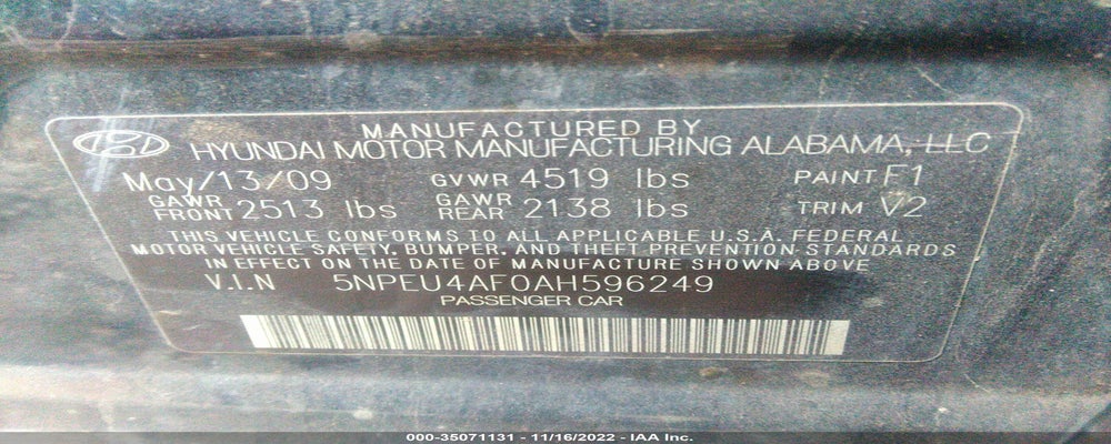 5NPEU4AF0AH596249 2010 HYUNDAI SONATA photo no. 9