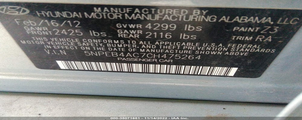 5NPEB4AC7CH475264 2012 HYUNDAI SONATA photo no. 9