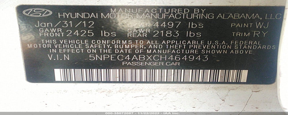 5NPEC4ABXCH464943 2012 HYUNDAI SONATA photo no. 9