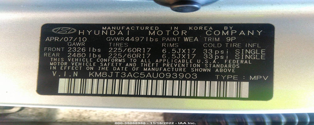 KM8JT3AC5AU093903 2010 HYUNDAI TUCSON photo no. 9