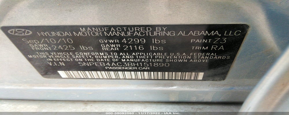 5NPEB4AC3BH151890 2011 HYUNDAI SONATA photo no. 9