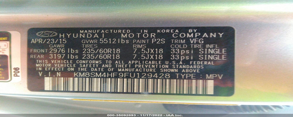 KM8SM4HF9FU129428 2015 HYUNDAI SANTA FE photo no. 9