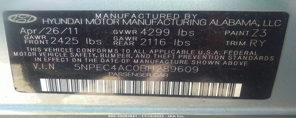 5NPEC4AC0BH289609 2011 HYUNDAI SONATA photo no. 9