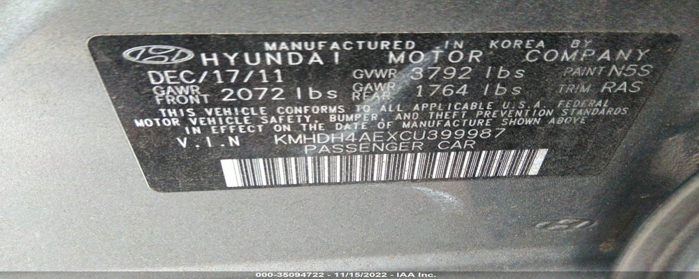KMHDH4AEXCU399987 2012 HYUNDAI ELANTRA photo no. 9