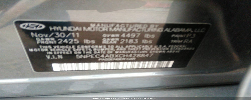 5NPEC4ABXCH428847 2012 HYUNDAI SONATA photo no. 9