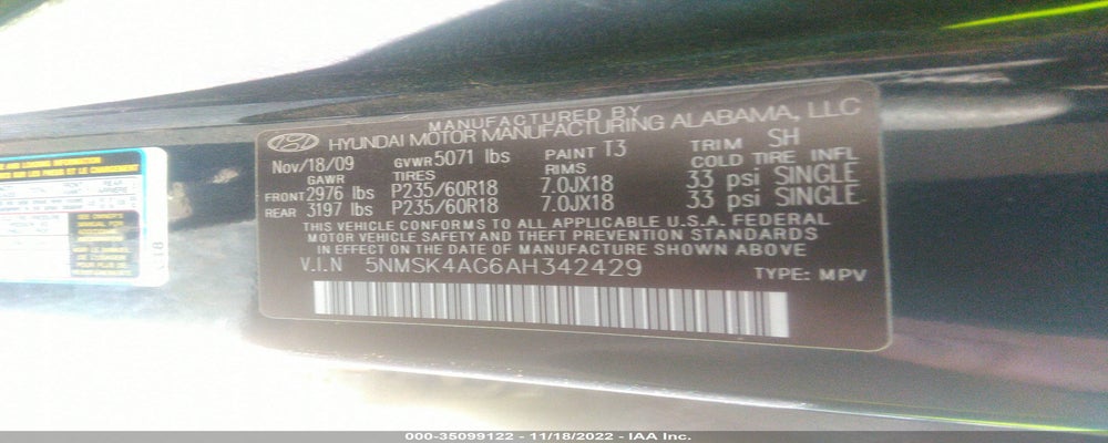 5NMSK4AG6AH342429 2010 HYUNDAI SANTA FE photo no. 9