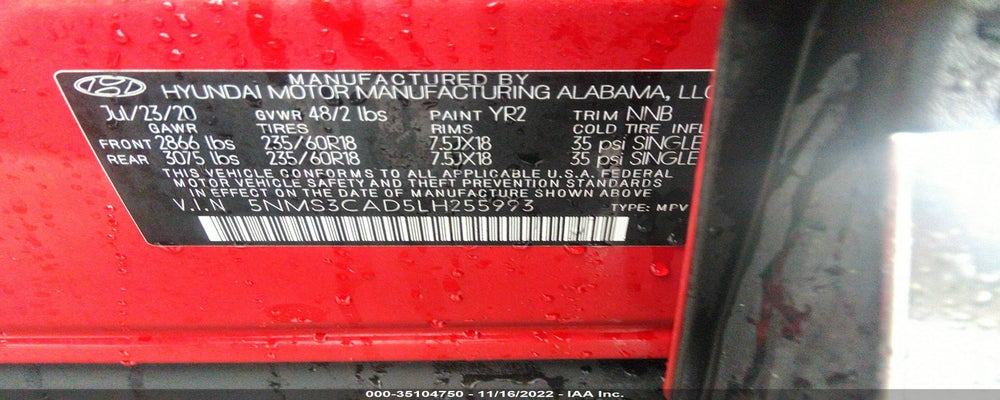 5NMS3CAD5LH255993 2020 HYUNDAI SANTA FE photo no. 9