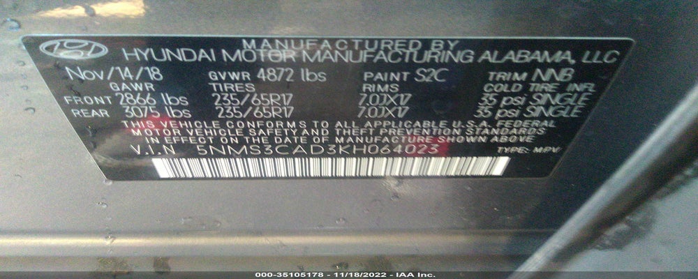 5NMS3CAD3KH064023 2019 HYUNDAI SANTA FE photo no. 9