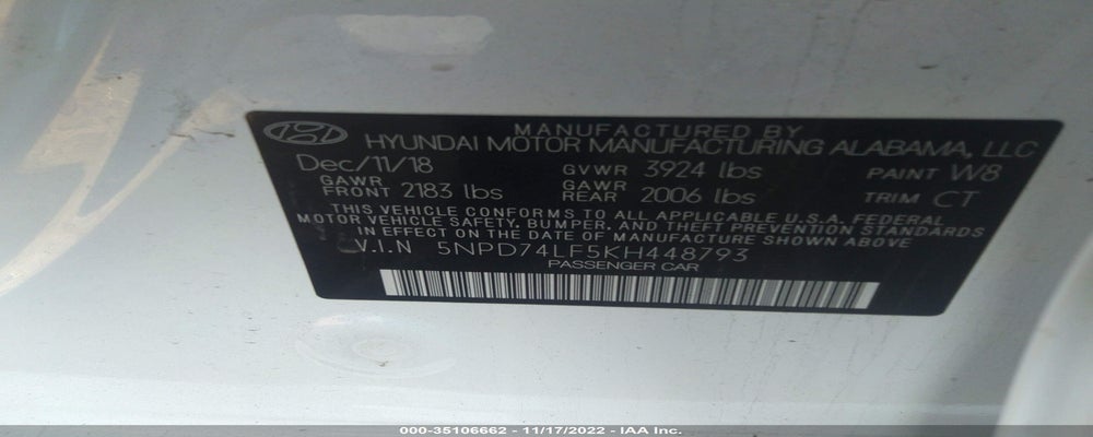 5NPD74LF5KH448793 2019 HYUNDAI ELANTRA photo no. 9