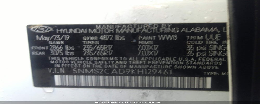 5NMS2CAD9KH129461 2019 HYUNDAI SANTA FE photo no. 9
