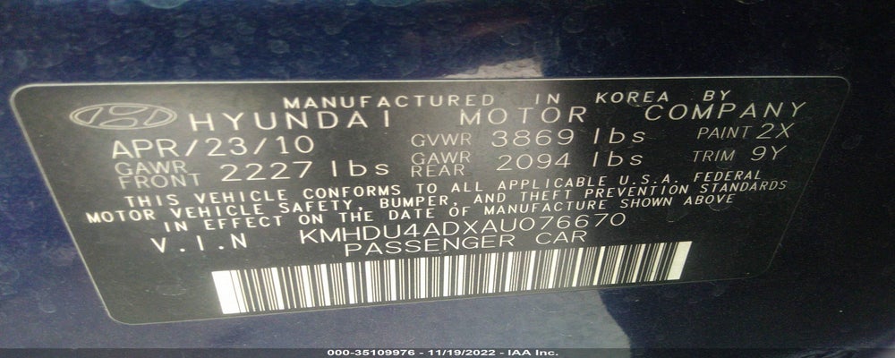 KMHDU4ADXAU076670 2010 HYUNDAI ELANTRA photo no. 9