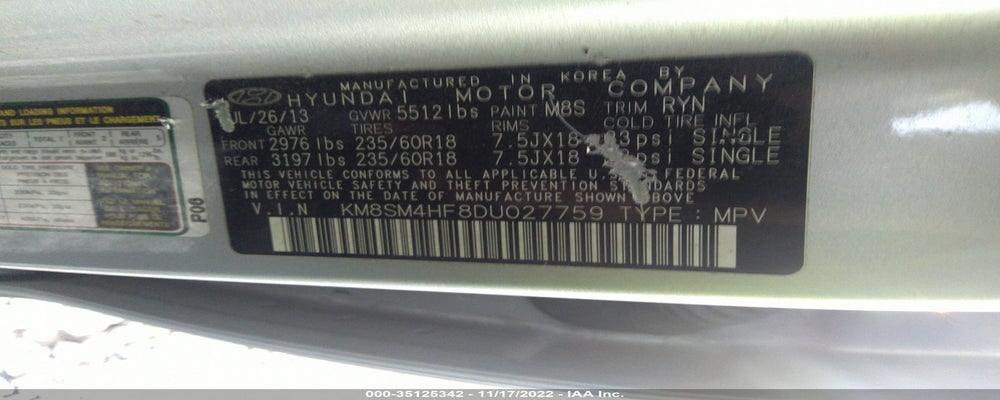 KM8SM4HF8DU027759 2013 HYUNDAI SANTA FE photo no. 9