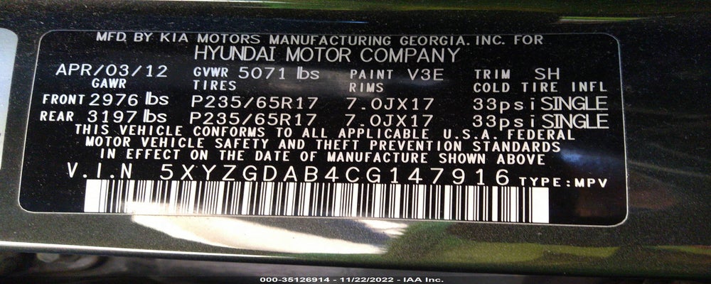 5XYZGDAB4CG147916 2012 HYUNDAI SANTA FE photo no. 9