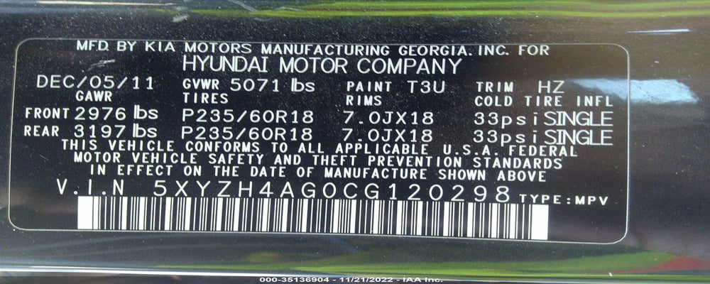 5XYZH4AG0CG120298 2012 HYUNDAI SANTA FE photo no. 9