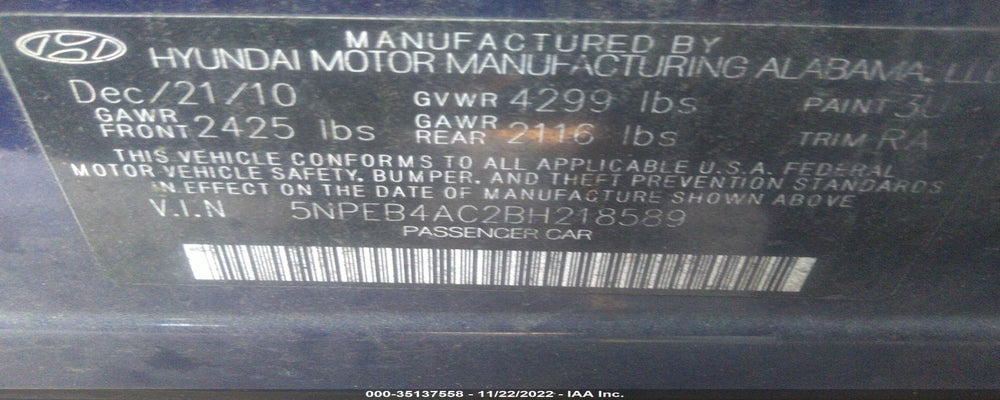 5NPEB4AC2BH218589 2011 HYUNDAI SONATA photo no. 9