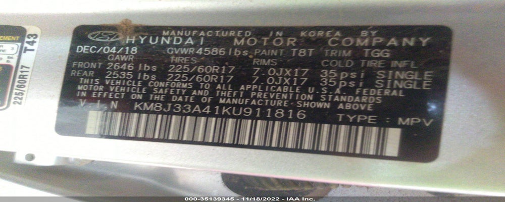 KM8J33A41KU911816 2019 HYUNDAI TUCSON photo no. 9