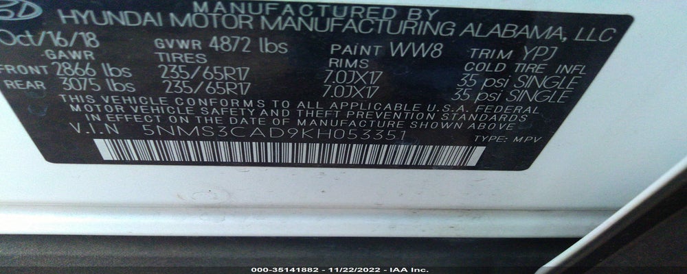 5NMS3CAD9KH053351 2019 HYUNDAI SANTA FE photo no. 9