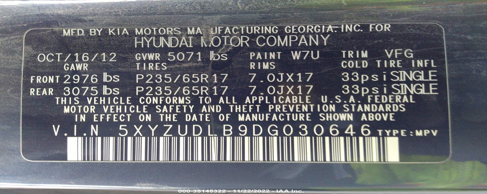 5XYZUDLB9DG030646 2013 HYUNDAI SANTA FE photo no. 9