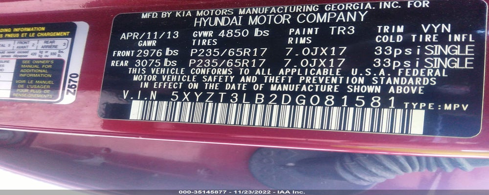 5XYZT3LB2DG081581 2013 HYUNDAI SANTA FE photo no. 9