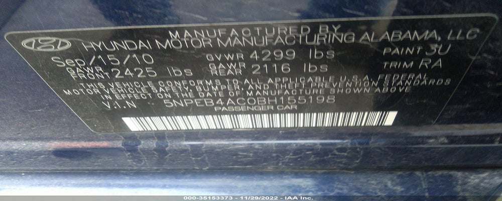 5NPEB4AC0BH155198 2011 HYUNDAI SONATA photo no. 9