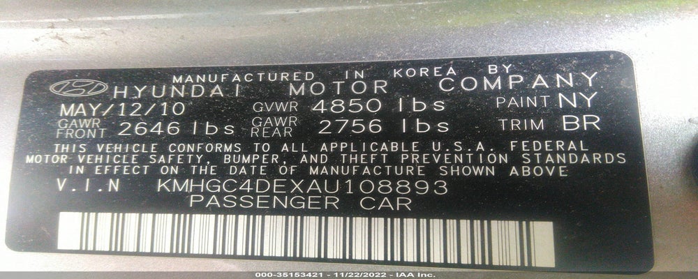 KMHGC4DEXAU108893 2010 HYUNDAI GENESIS photo no. 9
