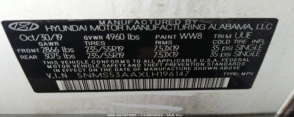 5NMS53AAXLH196147 2020 HYUNDAI SANTA FE photo no. 9