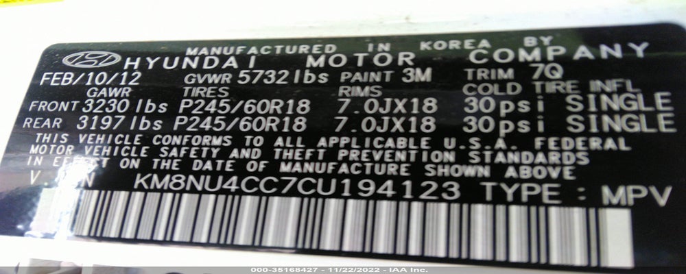 KM8NU4CC7CU194123 2012 HYUNDAI VERACRUZ photo no. 9