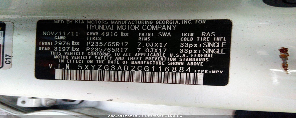 5XYZG3AB2CG116884 2012 HYUNDAI SANTA FE photo no. 9
