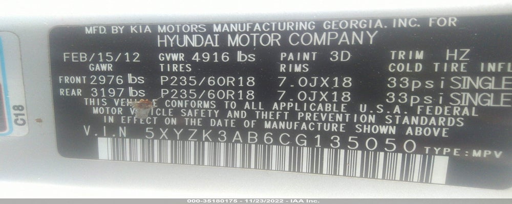 5XYZK3AB6CG135050 2012 HYUNDAI SANTA FE photo no. 9
