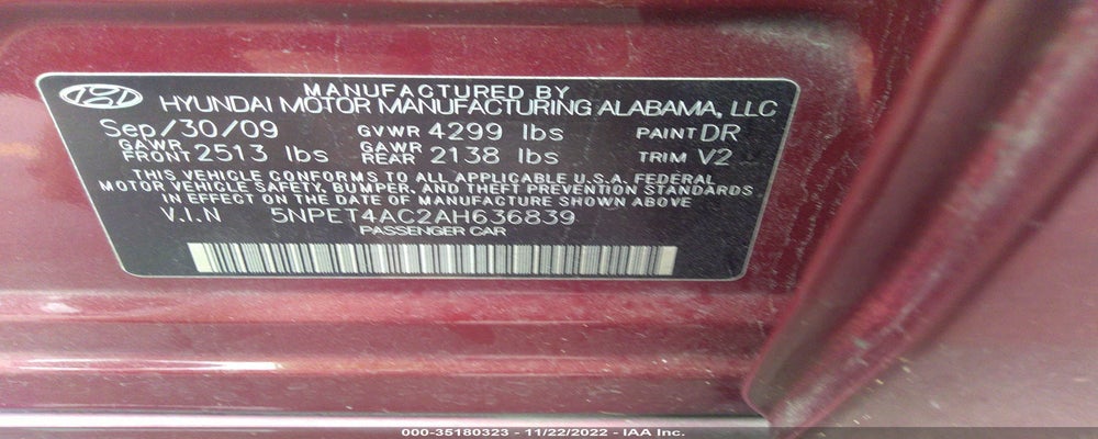 5NPET4AC2AH636839 2010 HYUNDAI SONATA photo no. 9