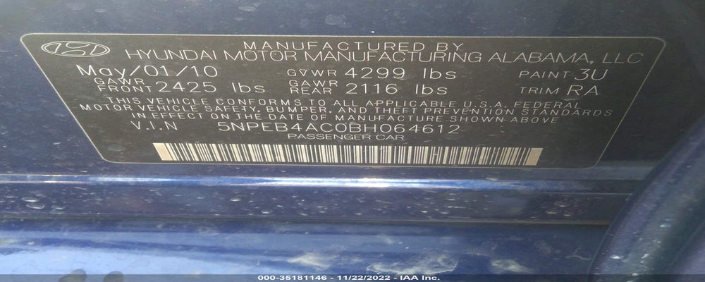 5NPEB4AC0BH064612 2011 HYUNDAI SONATA photo no. 9