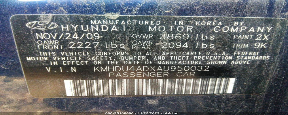 KMHDU4ADXAU950032 2010 HYUNDAI ELANTRA photo no. 9