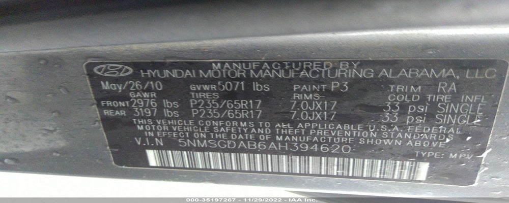 5NMSGDAB6AH394620 2010 HYUNDAI SANTA FE photo no. 9
