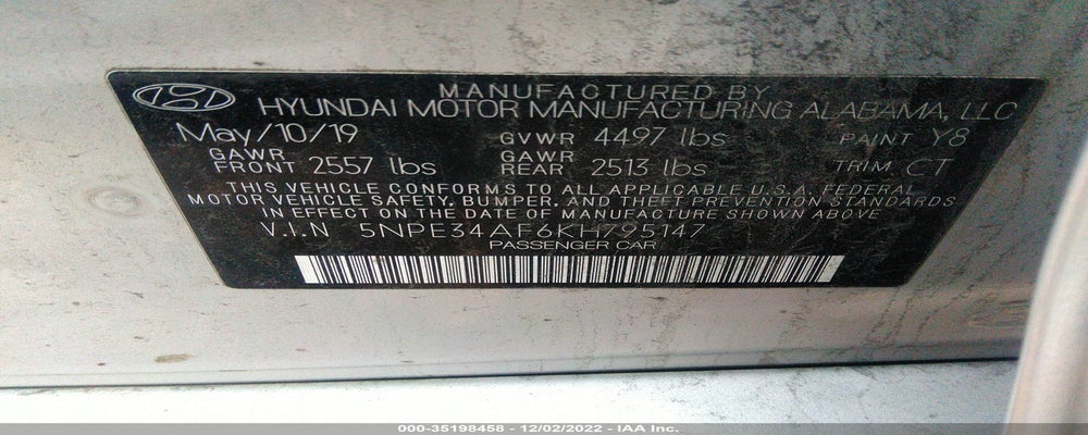 5NPE34AF6KH795147 2019 HYUNDAI SONATA photo no. 9