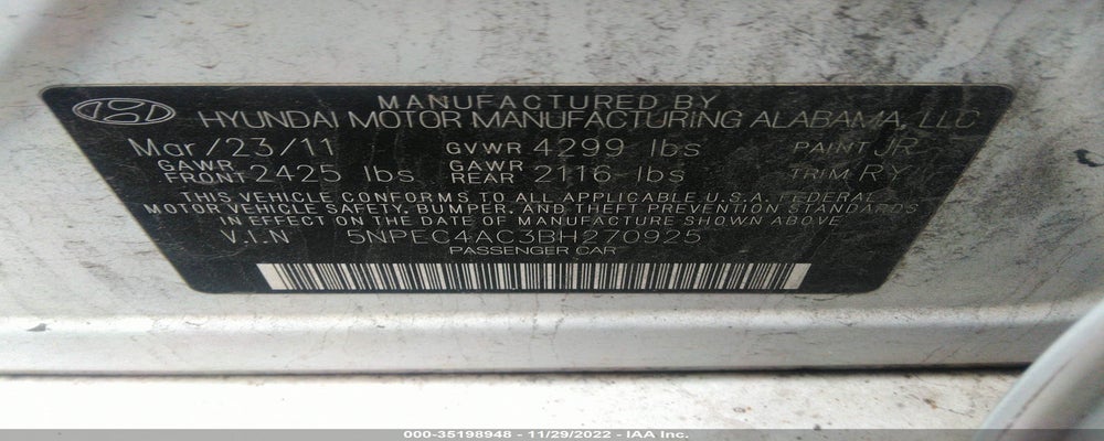 5NPEC4AC3BH270925 2011 HYUNDAI SONATA photo no. 9
