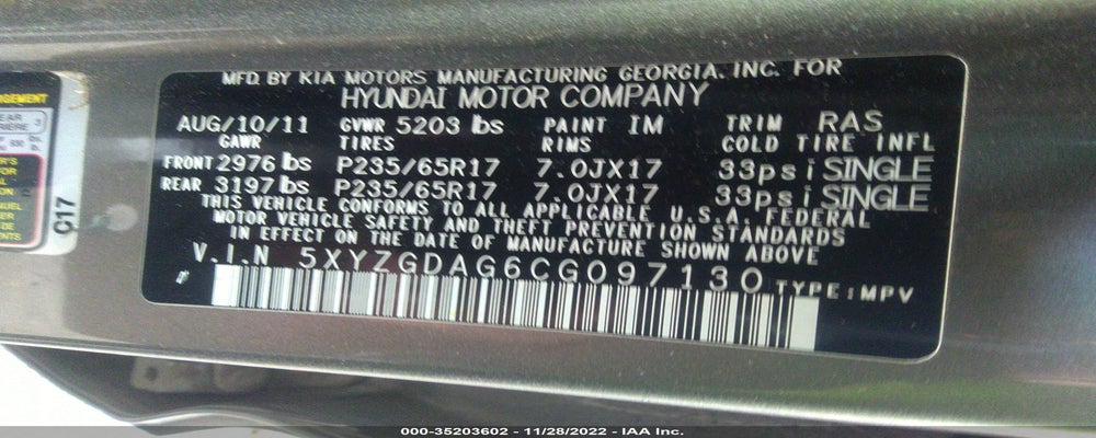 5XYZGDAG6CG097130 2012 HYUNDAI SANTA FE photo no. 9