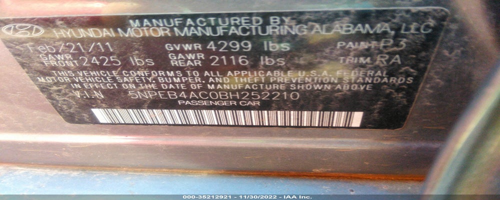 5NPEB4AC0BH252210 2011 HYUNDAI SONATA photo no. 9