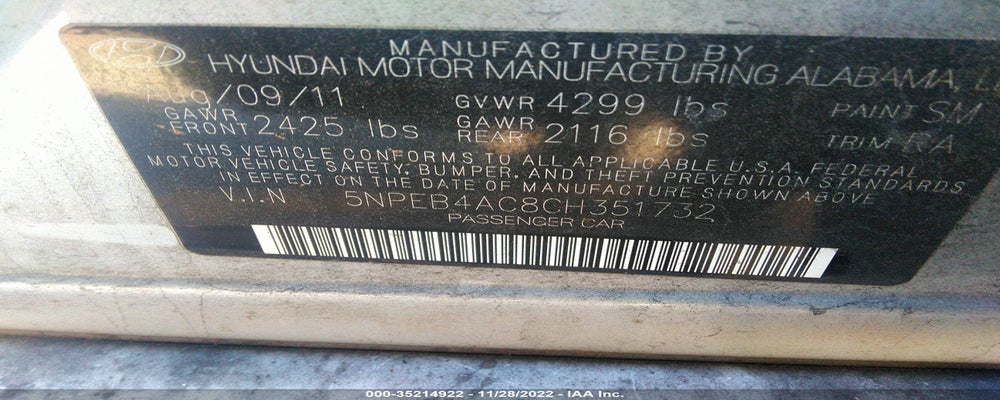 5NPEB4AC8CH351732 2012 HYUNDAI SONATA photo no. 9