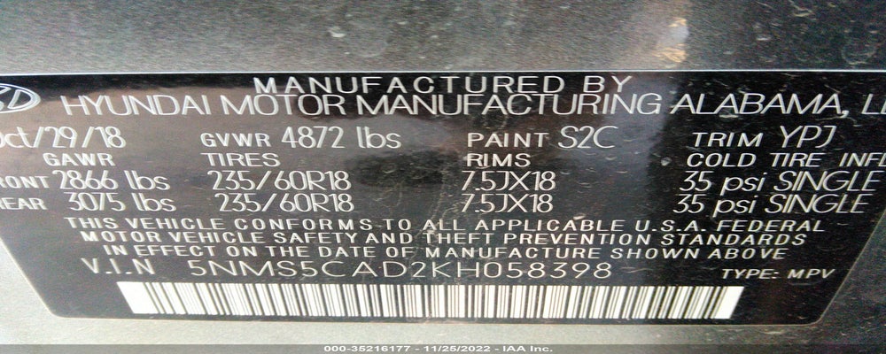 5NMS5CAD2KH058398 2019 HYUNDAI SANTA FE photo no. 9