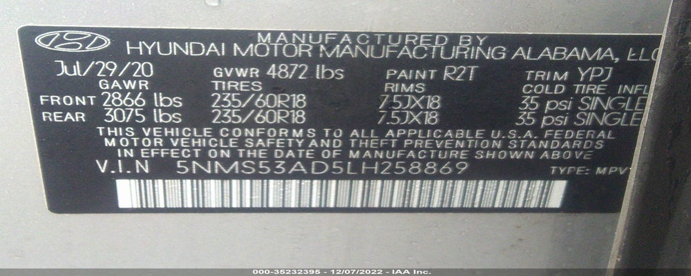 5NMS53AD5LH258869 2020 HYUNDAI SANTA FE photo no. 9