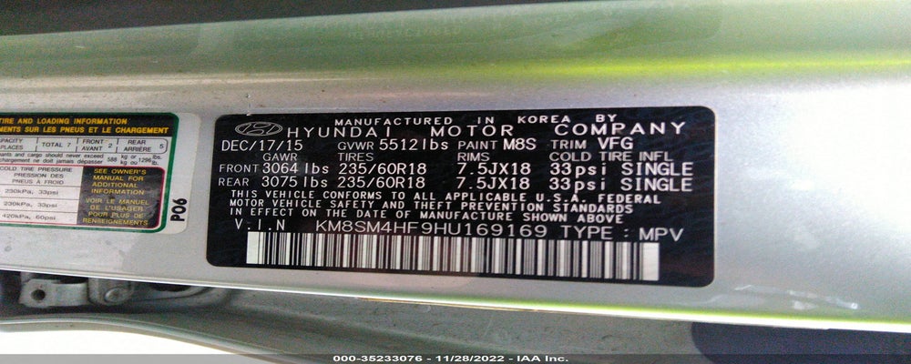 KM8SM4HF9HU169169 2017 HYUNDAI SANTA FE photo no. 9
