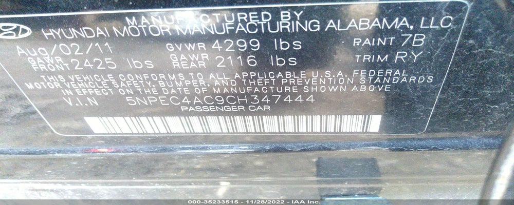 5NPEC4AC9CH347444 2012 HYUNDAI SONATA photo no. 9