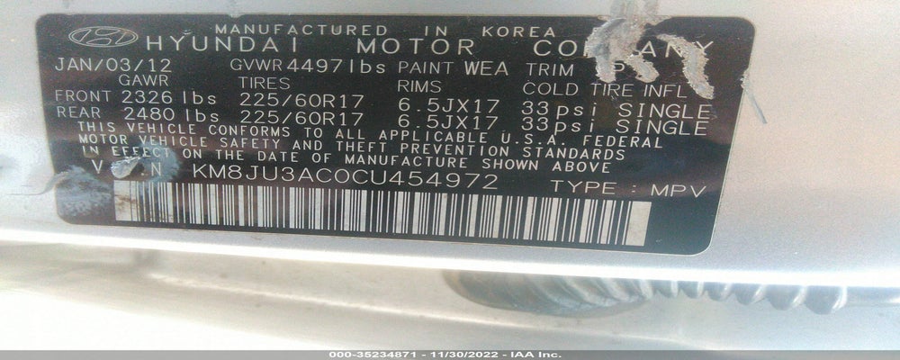 KM8JU3AC0CU454972 2012 HYUNDAI TUCSON photo no. 9
