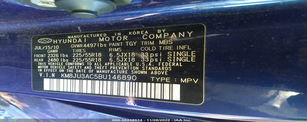KM8JU3AC5BU146890 2011 HYUNDAI TUCSON photo no. 9
