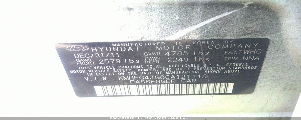 KMHFG4JG8CA121118 2012 HYUNDAI AZERA photo no. 9